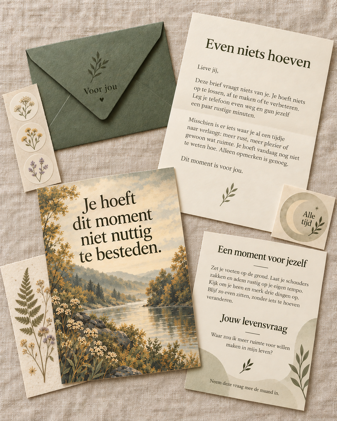 Digitale sfeerimpressie met groene envelop, botanische kaart en bloemenstickers.