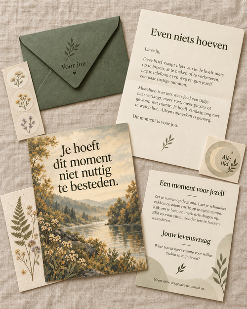 Digitale sfeerimpressie met groene envelop, botanische kaart en bloemenstickers.